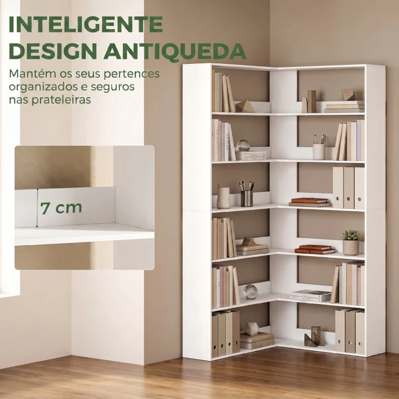 HOMCOM Estante em L 7 níveis Estante de Canto com Proteção Traseira Antiderrapante Aparência de Madeira Branco 90x90x180 cm