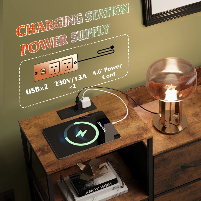 WLIVE Chest of Drawers with Charging Station, 8 Fabric Storage Drawers with Metal Frame and Wooden Top, TV Media Console Table Open Storage Shelves for Bedroom, Living Room, Hallway, Rustic Brown