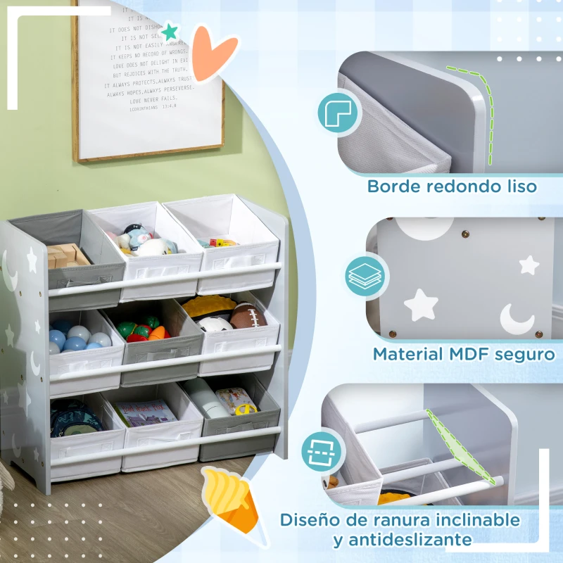 ZONEKIZ Organizador de Juguetes con 9 Cajas de Tela no Tejida Extraíbles para Dormitorio Guardería 63x30x60 cm Gris