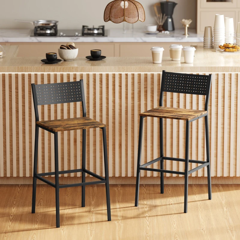 HOMCOM Set 2 Sgabelli da Bar con Schienale e Poggiapiedi Integrato in Stile Industriale, Marrone Rustico