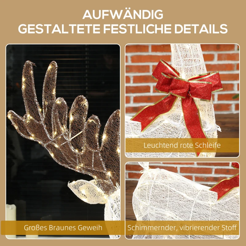 Outsunny Rentier mit roter Schleife, 137 LEDs, Weihnachtsbeleuchtung, wetterfest, 66 x 25 x 135 cm, Silber