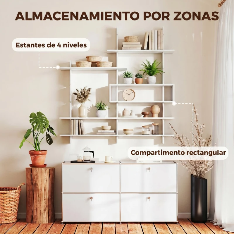 HOMCOM Estantería Flotante de Pared Geométrica con 4 Niveles y Compartimento Central Blanca