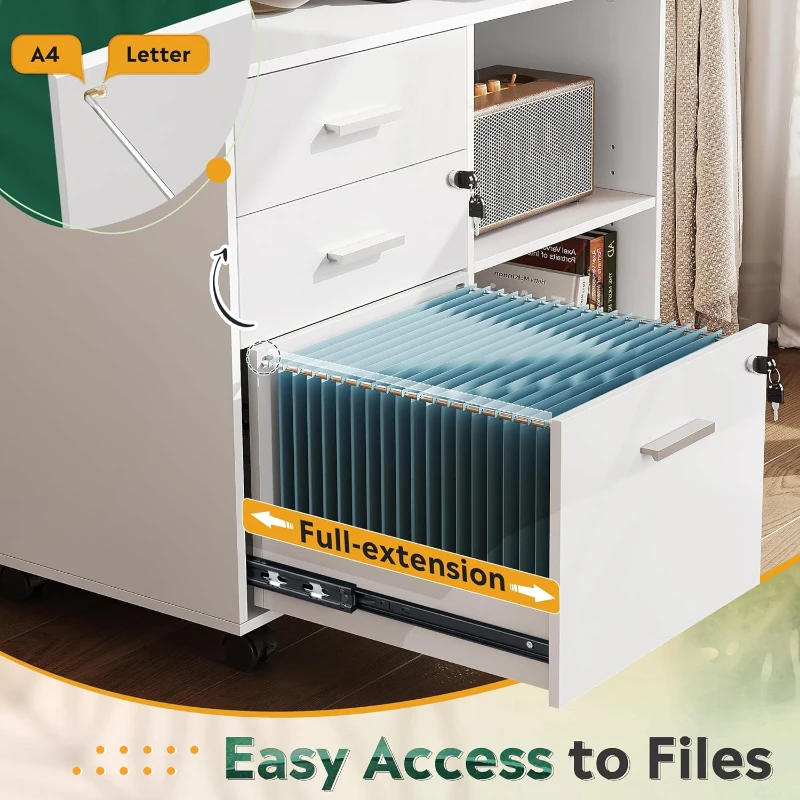 DEVAISE 3 Drawer Mobile File Cabinet,Wood Lockable Drawers Printer Stand with Open Storage Shelf fits A4 or Letter Size for Home Office, White