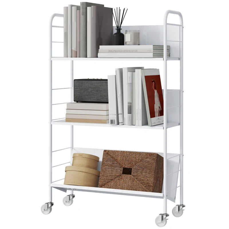 HOMCOM Bücherregal Aufbewahrungsregal mit 3 Ebenen, Rädern, Spielzeugregal für Schlafzimmer, 69 x 26 x 108 cm, Weiß