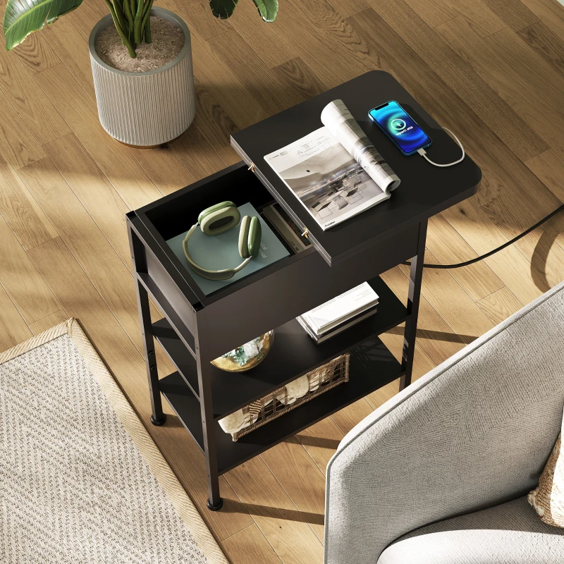 WLIVE Side Table with Charging Station, 3-Tier End Table with Drawer and Flip Top, Comes with USB Ports and Outlets for Living Room and Bedroom, Black