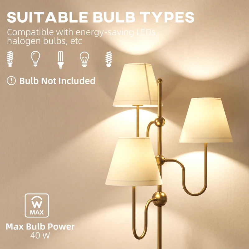 HOMCOM Floor Lamp, 165 cm Tall Standing Lamp with 3 Light and Foot Switch for Living Room, Bedroom, Bedside, Office, E27 Base Without Bulb (40W Max)