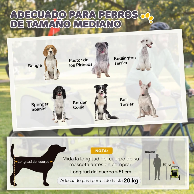 PawHut Remolque de Bicicleta Perros 2 en 1 Carrito Perros Medianos Plegable con Suspensión Neumáticos Grandes Ventanas Verde