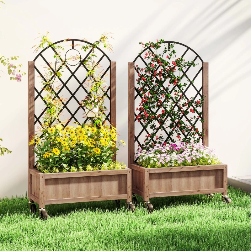 Outsunny 2-delige set verhoogde bloembedden met wielen, klimrek, trellispot bloembak hout 52x25x97cm Bruin
