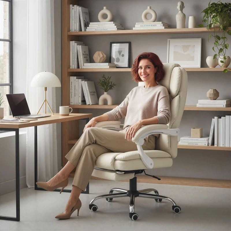 HOMCOM Bürostuhl mit Liegefunktion, Schreibtischstuhl, höhenverstellbar Drehstuhl mit Fußstütze, 64 x 73 x 120 cm, Beige