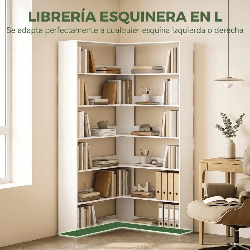 HOMCOM Estante em L 7 níveis Estante de Canto com Proteção Traseira Antiderrapante Aparência de Madeira Branco 90x90x180 cm
