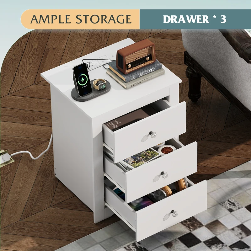 WLIVE 3-Drawer Wooden Bedside Table with Charging Station, USB Ports & Plug Sockets, Nightstand with Storage for Bedroom, Living Room, Office (1, White)