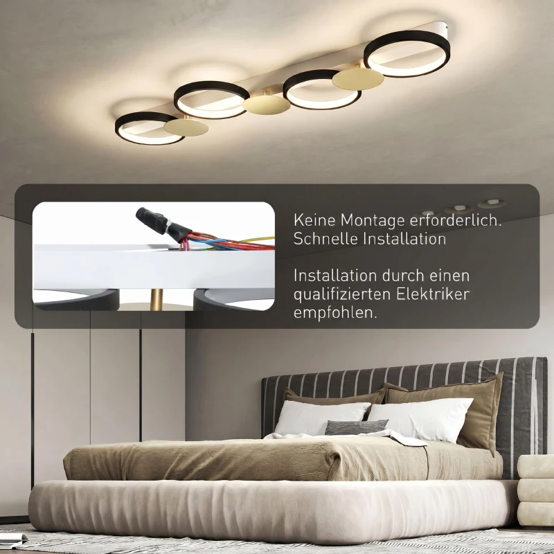 HOMCOM Deckenleuchte LED 38W 1500LM 3000K-6500K Deckenlampe Wohnzimmerlampe mit 4 Glühbirnen Fernbedienung Schwarz+Gold