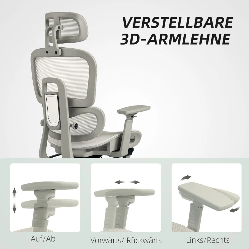 HOMCOM Bürostuhl, Ergonomischer Schreibtischstuhl mit Netzstoffbezug, verstellbar, rollbar, mit Armlehnen, Kopfstütze, Beige
