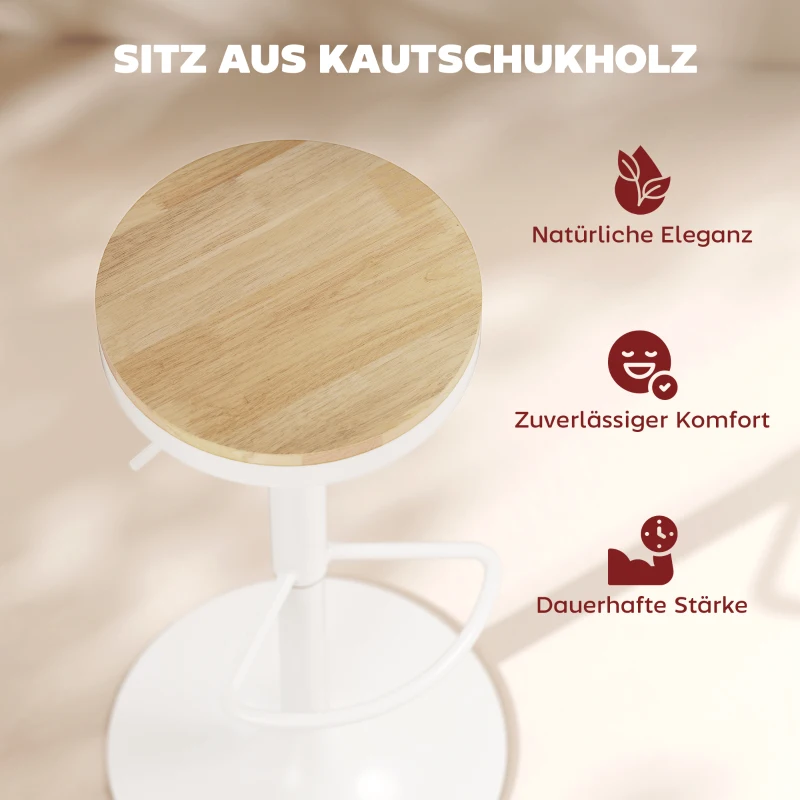 HOMCOM Barhocker 2er Set, Höhenverstellbar 360° Drehbar Barstuhl mit Stahlgestell Fußstütze 38,5x38,5x60-80 cm Naturholz+Weiß