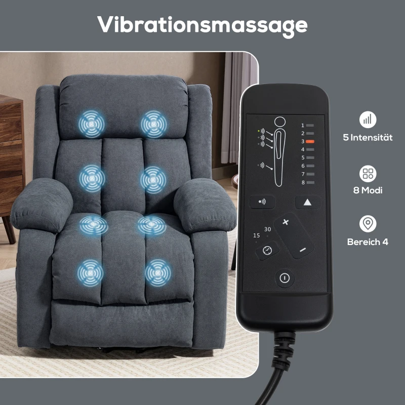 HOMCOM Fernsehsessel mit Aufstehhilfe Elektrisch Relaxsessel mit Liegefunktion, Massagefunktion, 93x91x103 cm, Dunkelgrau