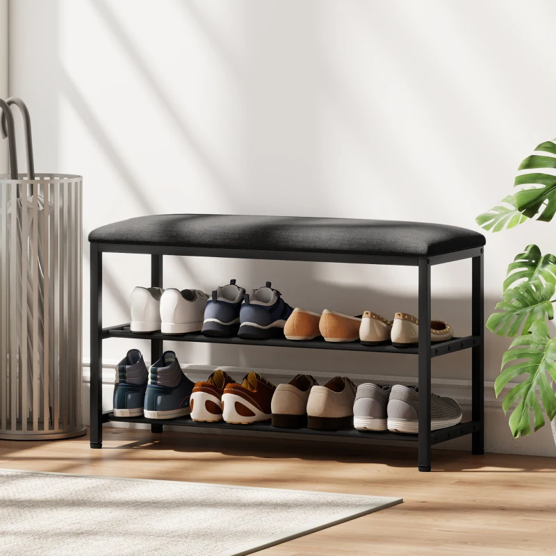 HOMCOM Schuhbank mit Sitzfläche, Sitzbank mit Stauraum, Schuhregal mit 2 offene Fächer, Sitzbank 81 x 31 x 50 cm Schwarz