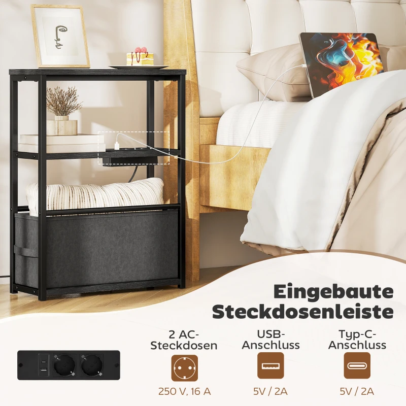 HOMCOM Beistelltisch Sofatisch mit Steckdosenleiste, Ablage, für Kleine Räume, 45x18x60,2cm, Schwarz