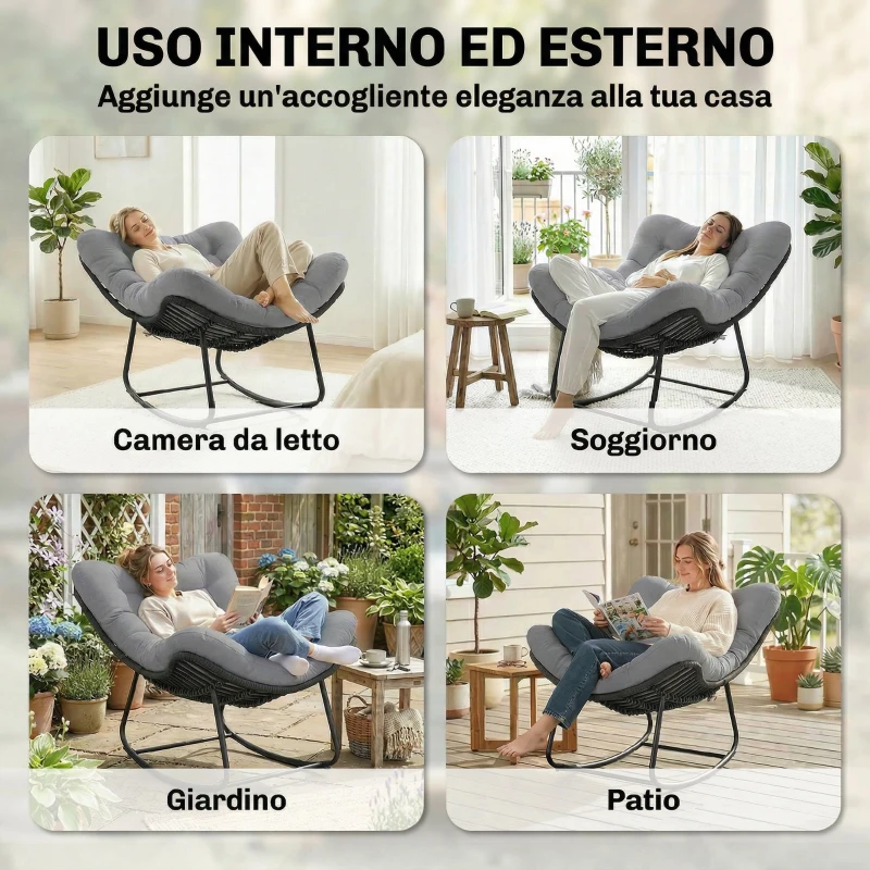 Outsunny Sedia a Dondolo stile Boho in Rattan e Metallo con Cuscino Morbido, 87x110x70 cm, Grigio Scuro