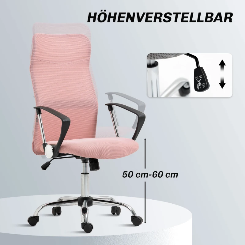 HOMCOM Ergonomischer Bürostuhl Höhenverstellbarer Drehstuhl mit Wippfunktion, Netzbespannung, 63 x 65 x 109-119 cm Rosa