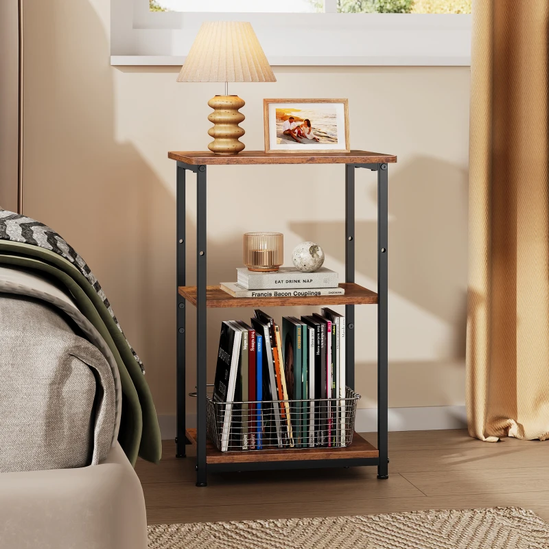 WLIVE 3-Tier Side Table, Built with Robust Steel Frame and Adjustable Feet, Top Shelf Comes with 19kg Load Bearing, Suitable for Living Room, Bedroom and Office, Rustic Brown
