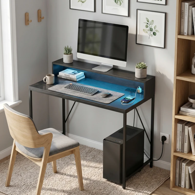 HOMCOM Gaming Desk, 100cm Computer Desk with LED Lights, Power Outlets, Monitor Stand and Remote, Black Wood-Effect