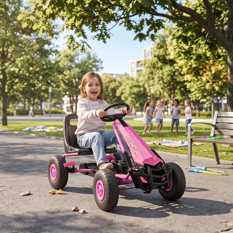 AIYAPLAY Kids Pedal Go Kart with Adjustable Seat, EVA Tyres, Manual Clutch, Brake, Go Kart for Kids 3-8 Years, Pink