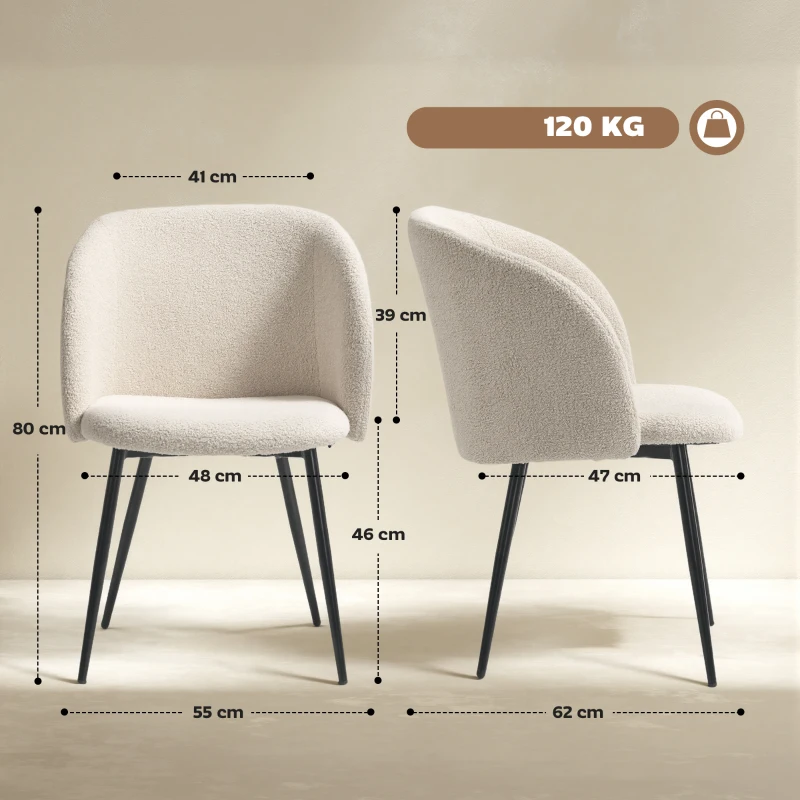 HOMCOM 2er-Set Esszimmerstühle, Polsterstühle mit Stoffbezug, Küchenstühle mit Stahlbeinen, gewölbte Rückenlehne, Cremeweiß