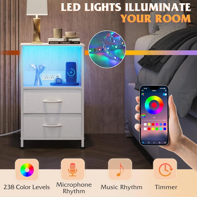 WLIVE Set of 2 White Bedside Tables, Equipped with Drawers, LED Lights and Charging Station, Multi-use Bedside Cabinet for Bedroom, Living Room and Small Spaces