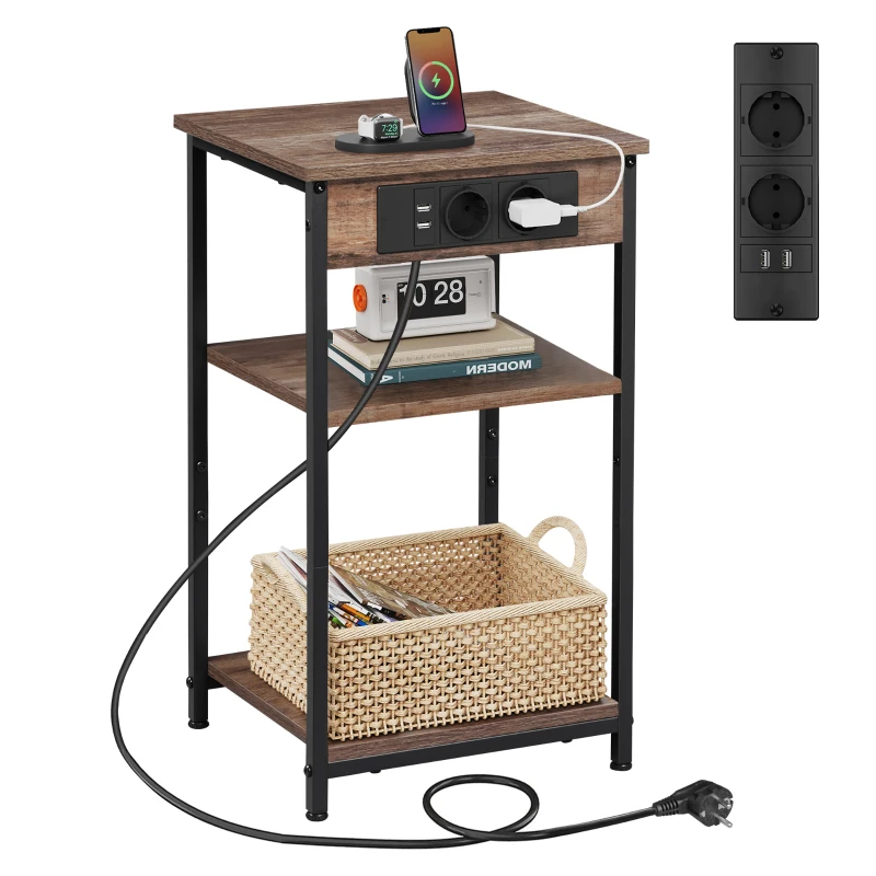WLIVE 3-Tier Side Table, Built with Practical Charging Station and Adjustable Middle Shelf, Slim Design Fits Small Spaces, Suitable as Bedside Table for Living Room and Bedroom, Brown