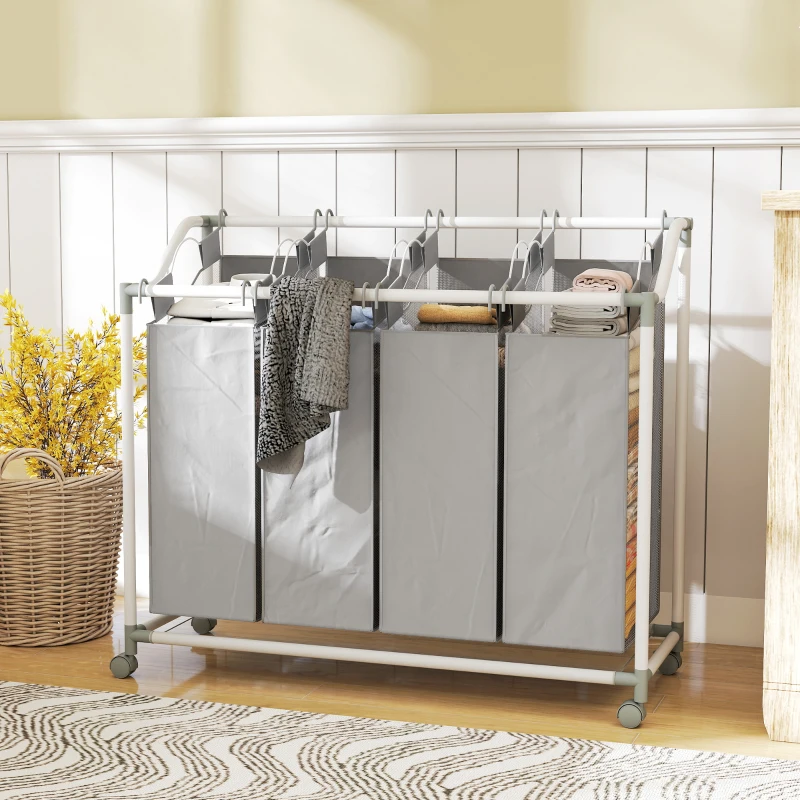 HOMCOM Wäschekorb mit 4 Fächer 160 L Wäschesammler mit Rädern, herausnehmbarer Wäschesack, 97 x 38 x 81 cm, Grau