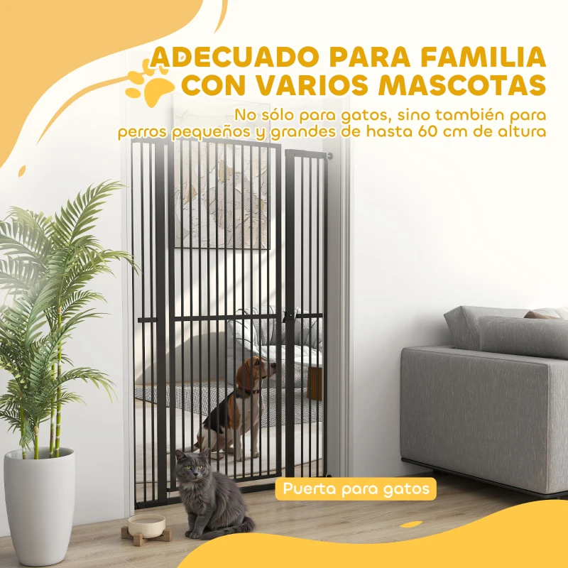 PawHut Barrera para Perros Extra Alta con Ancho Ajustable 77-104 cm Puerta para Perros con Extensiones y Puerta de Paso Negro