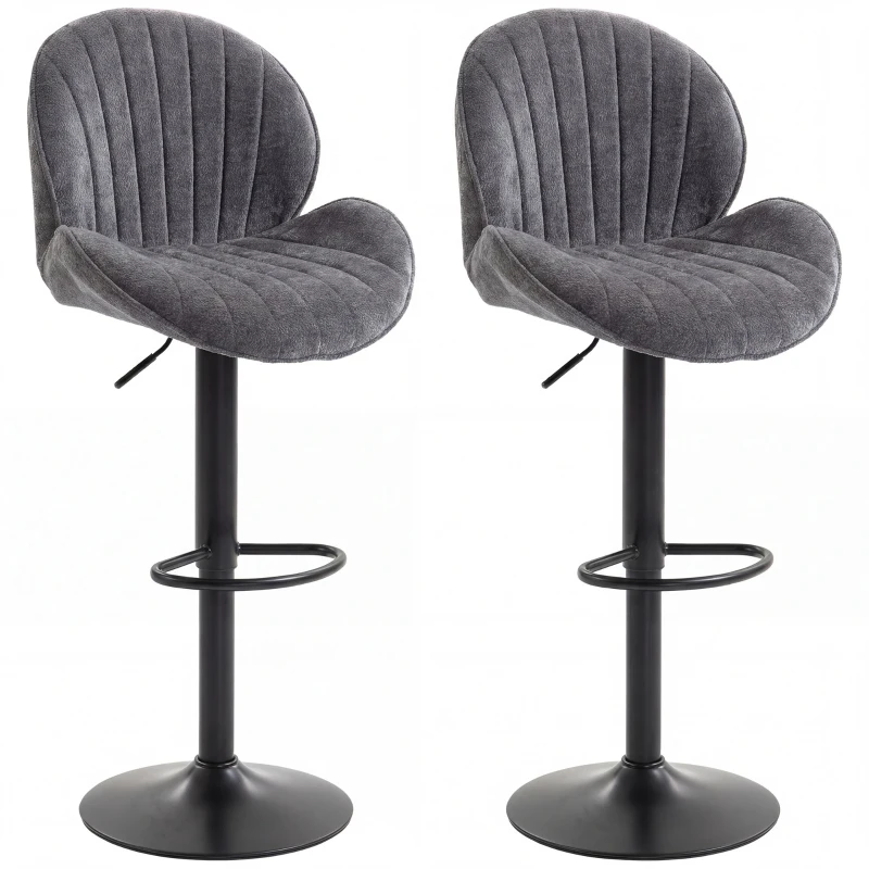 HOMCOM Lote de 2 Bancos de Bar, Altura Ajustável 62-83cm, Giratórias 360°, Assento Estofado, Encosto e Apoio para Pés, Cinza