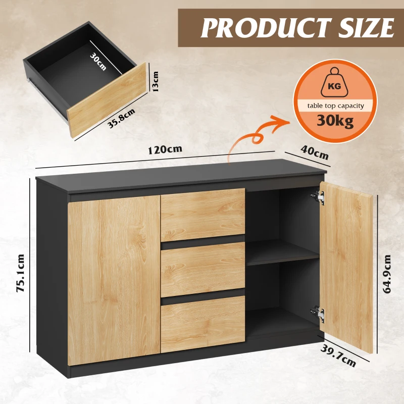 WLIVE Chest of Drawers with 3 Drawers, Cabinet with 2 Door 4 Shelvses, Modern Storage Unit, for Living Room, Bedroom, Hallway, (Black + Oak, 2 Door 3 Drawer)