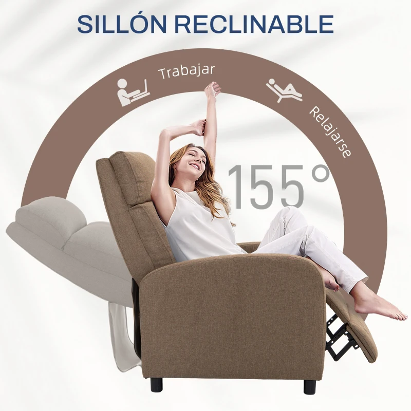 HOMCOM Sillón Reclinable Manual Sofá Individual con Reclinación hasta 155º Carga 150 kg Marrón