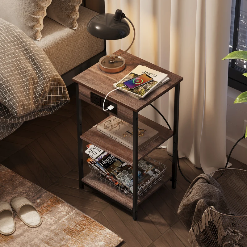 WLIVE 3-Tier Side Table, Built with Practical Charging Station and Adjustable Middle Shelf, Slim Design Fits Small Spaces, Suitable as Bedside Table for Living Room and Bedroom, Brown