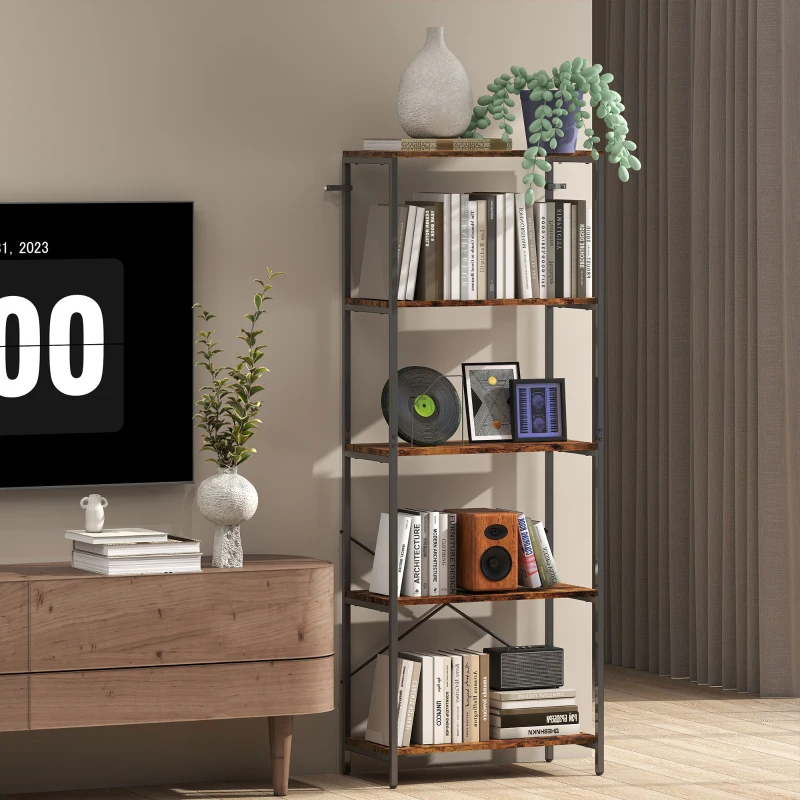 HOMCOM Bücherregal, 5 Ebenen, Metall, Melaminoberfläche, Braun