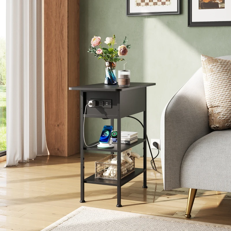 WLIVE Side Table with Charging Station, 3-Tier End Table with Drawer and Flip Top, Comes with USB Ports and Outlets for Living Room and Bedroom, Black