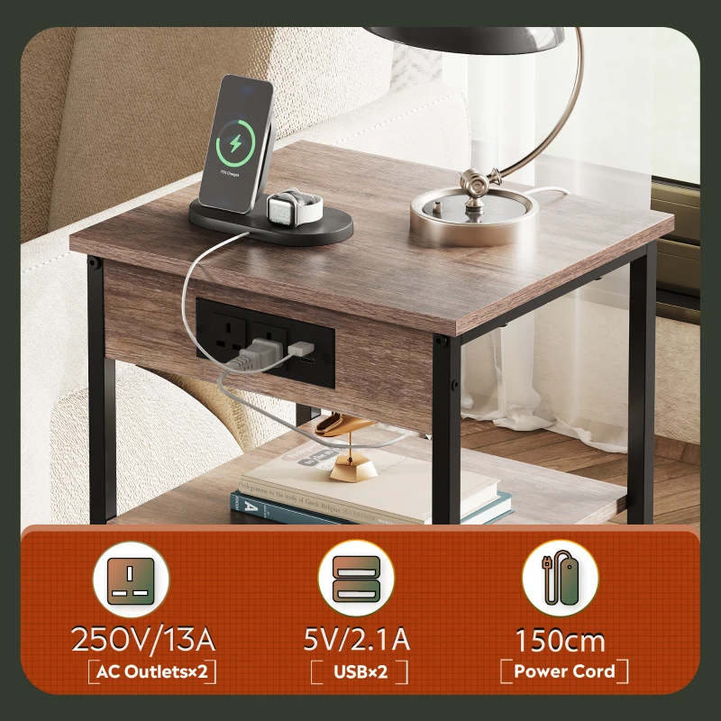 WLIVE 3-Tier Side Table, Built with Practical Charging Station and Adjustable Middle Shelf, Slim Design Fits Small Spaces, Suitable as Bedside Table for Living Room and Bedroom, Brown