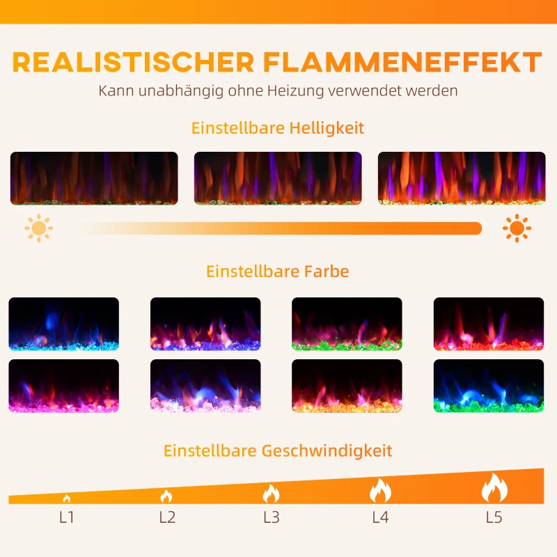 HOMCOM Elektrischer Kamin, Wandmontage, verstellbare Flammen, Thermostat, Timer, Stahl, Schwarz