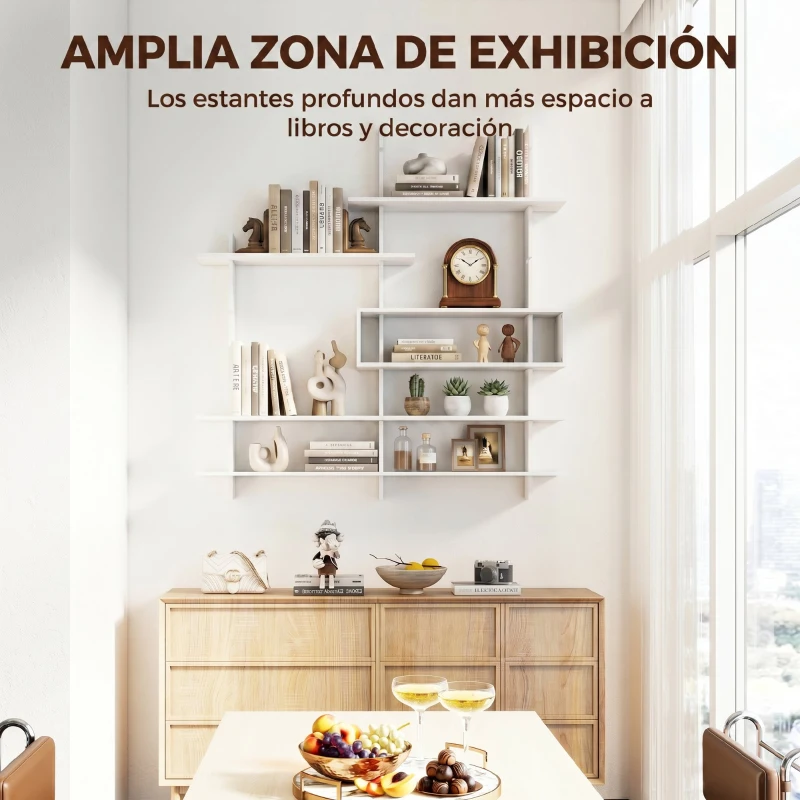 HOMCOM Estantería Flotante de Pared Geométrica con 4 Niveles y Compartimento Central Blanca