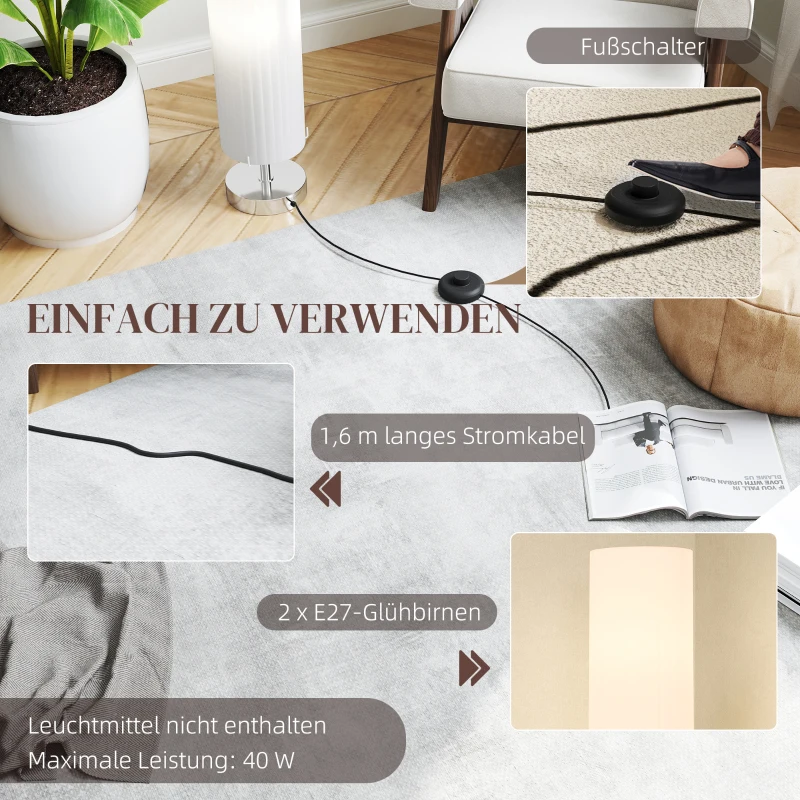 HOMCOM Stehlampe Wohnzimmer mit Schirm aus Polyester, 2 x E27 Fassung für Schlafzimmer 14 x 14 x 120 cm