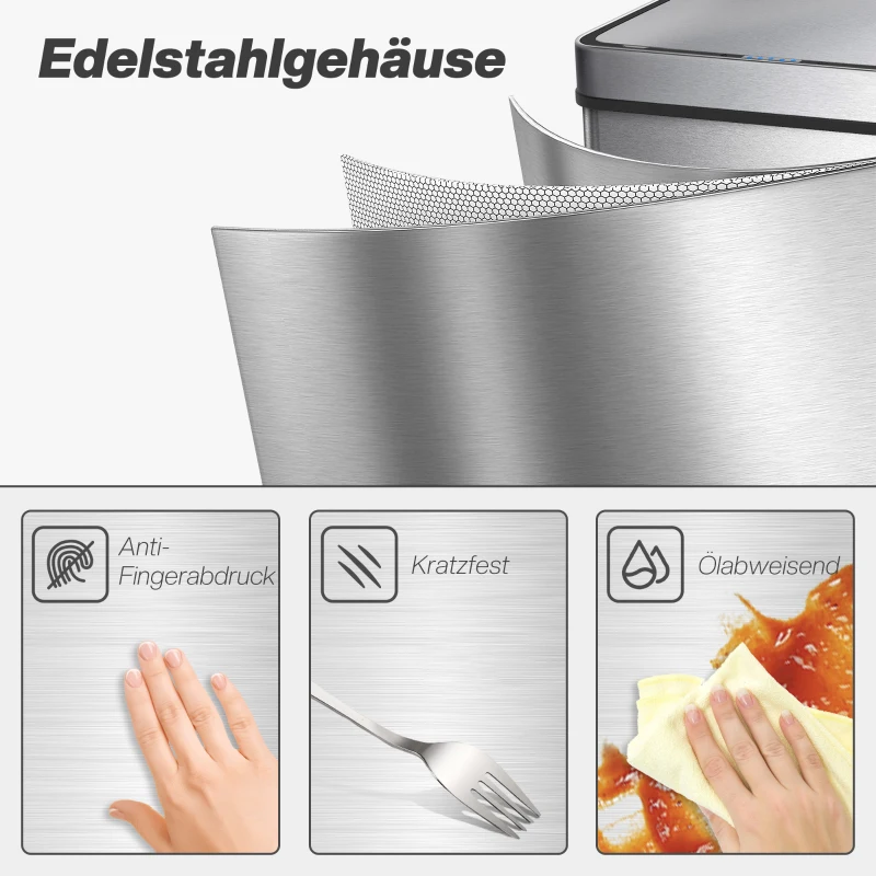HOMCOM 50 L Sensor-Mülleimer, automatischer Deckel, Edelstahl, vielseitig einsetzbar, Silberfarben