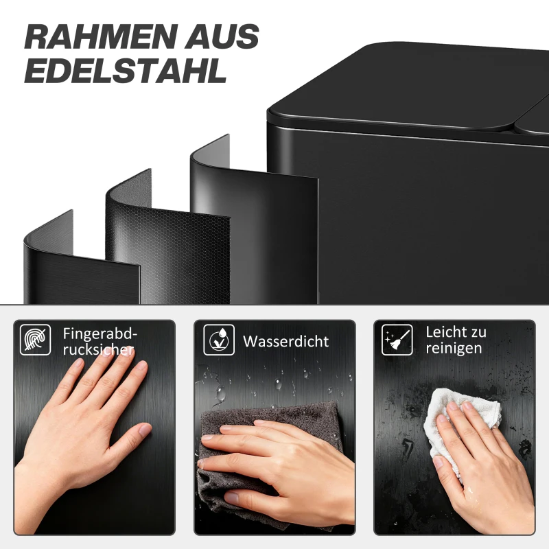 HOMCOM Mülleimer mit 3 x 20 L Fächern, Deodorant-Deckel, fingerabdrucksicher, Soft-Close, herausnehmbar, Schwarz(m-8)
