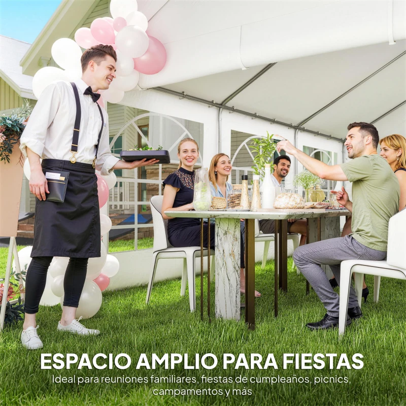 Outsunny Carpa para Fiestas 4x6 m Carpa de Jardín con Luces LED Paredes Extraíbles 2 Puertas y Ventanas UPF30+ para Boda Blanco