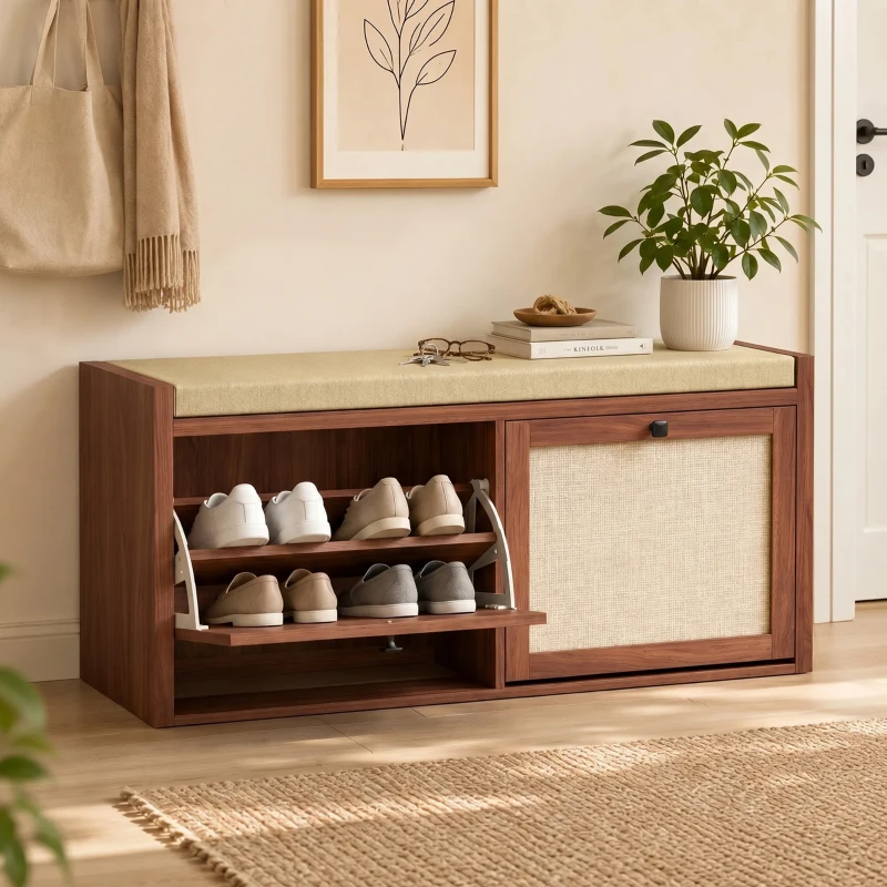 HOMCOM Rattan Shoe Bench with Padded Cushion and 2 Cabinets for Hidden Storage, Brown