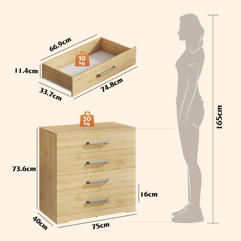 WLIVE Chest of Drawers with 4 Drawers, Metal Handles and Runners, Modern Storage Drawers for Bedroom, Kids Room, Closet, Oak