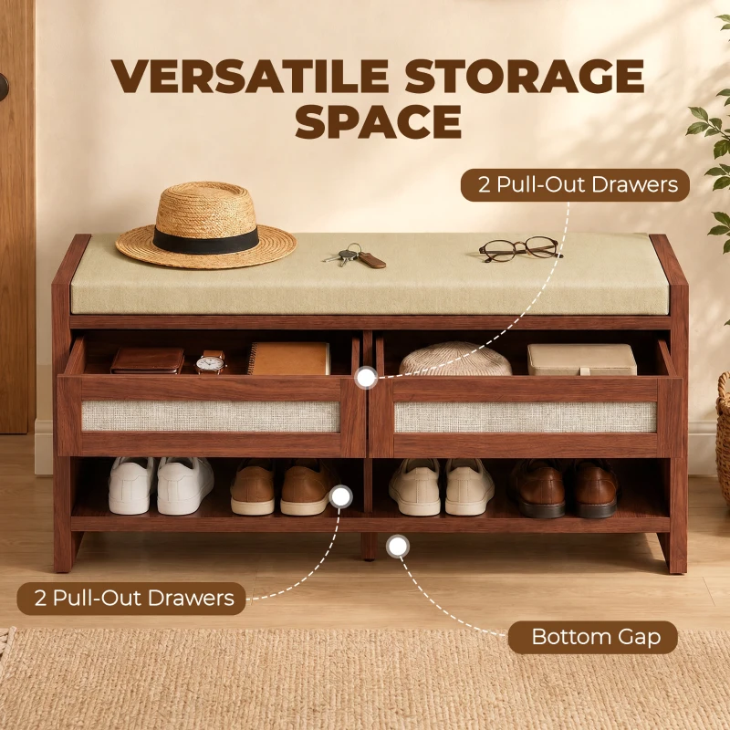 HOMCOM Boho Shoe Bench with 2 Rattan Drawers, Shoe Storage Bench with Cushioned Seat and Open Shelf Brown