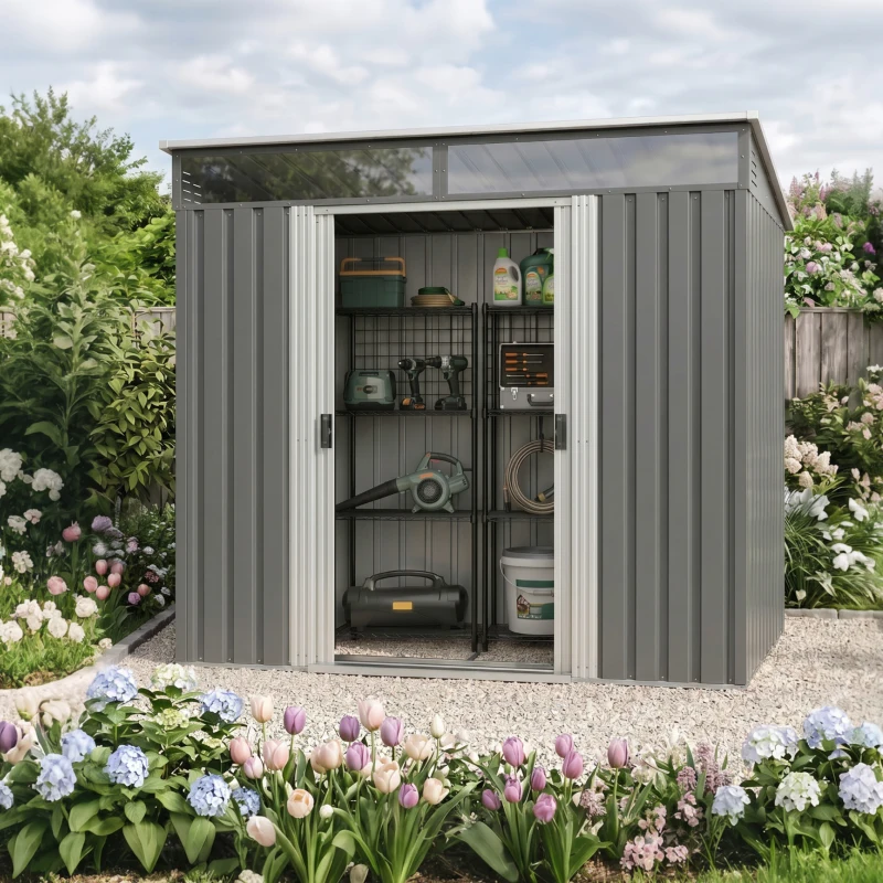 Outsunny 6.5 x 4FT Galvanised Metal Shed with Foundation Kit, Lockable Tool Garden Shed with Double Sliding Doors, Vents, Grey