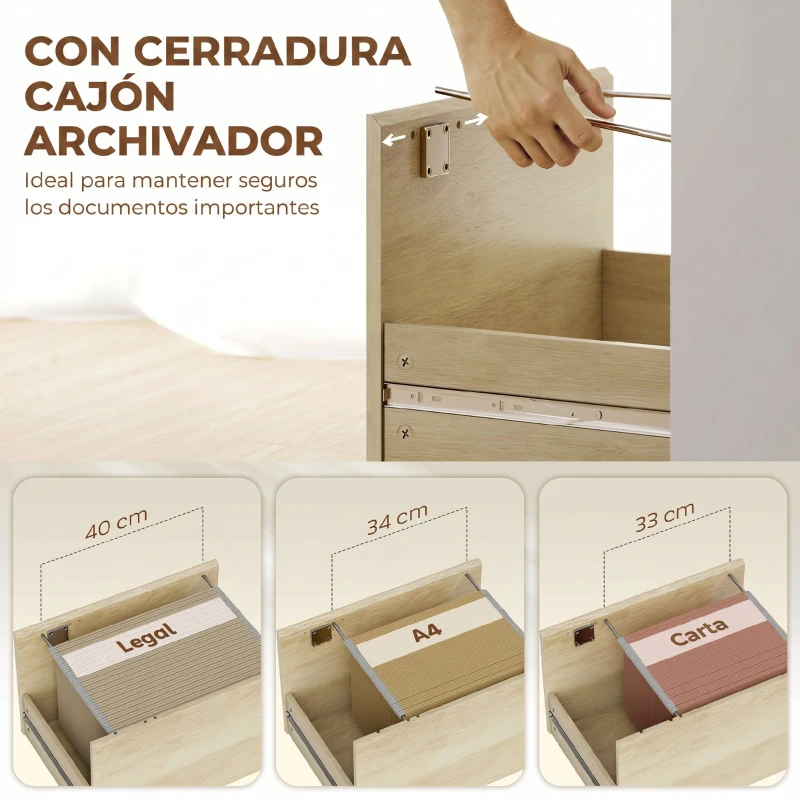 HOMCOM Escritorio Mesa de Oficina con 4 Estantes y Cajón Archivador A4 con Cerradura y 2 Llaves para Espacios Pequeños Roble