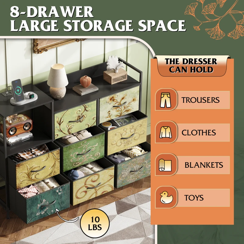WLIVE Chest of Drawers with Charging Station, 8 Fabric Storage Drawers with Metal Frame and Wooden Top, TV Media Console Table Open Storage Shelves for Bedroom, Living Room, Hallway, Retro